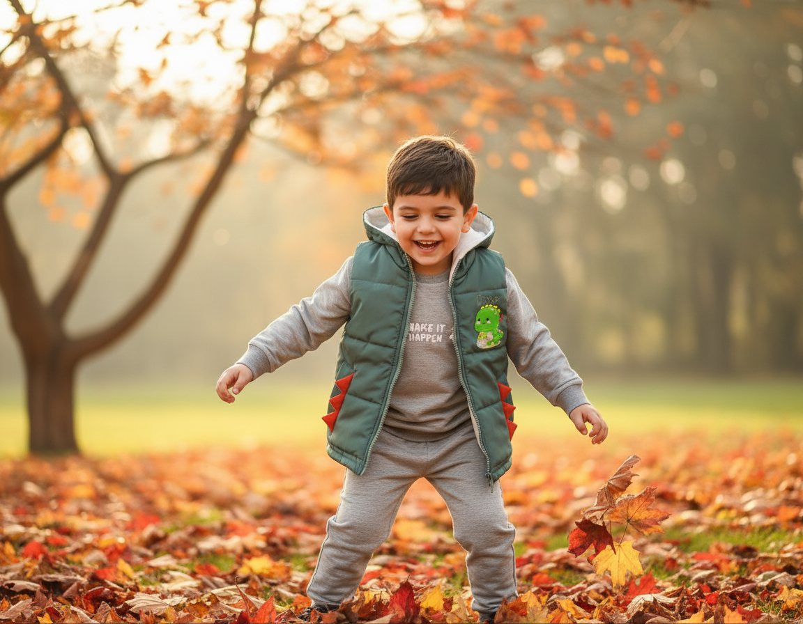 پافر دایناسوری سبز بچهگانه با طراحی بامزه، تن کودک در حال لبخند در فضای پاییزی