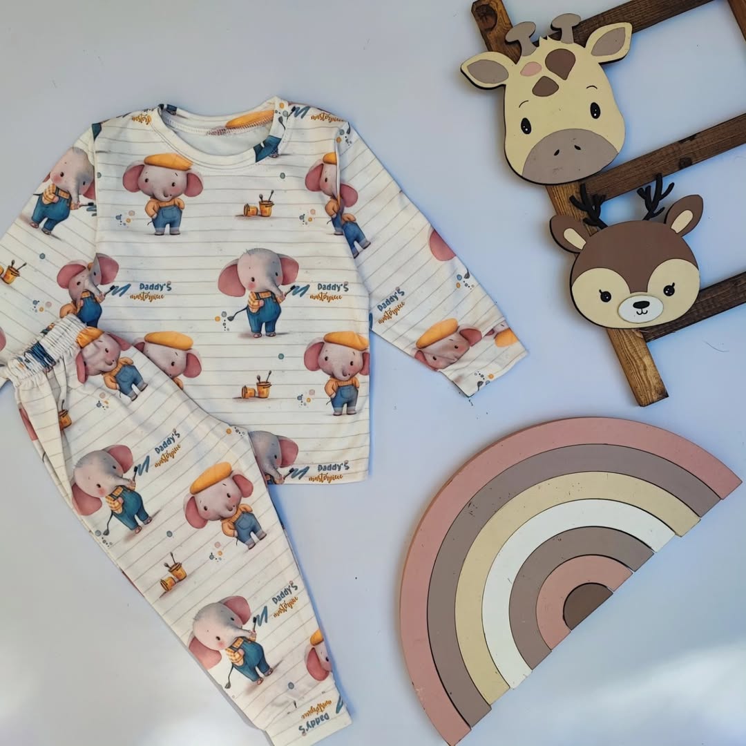 بلوز شلوار نخی کودکانه طرح فیل برای دختر و پسر ۱ تا ۶ سال