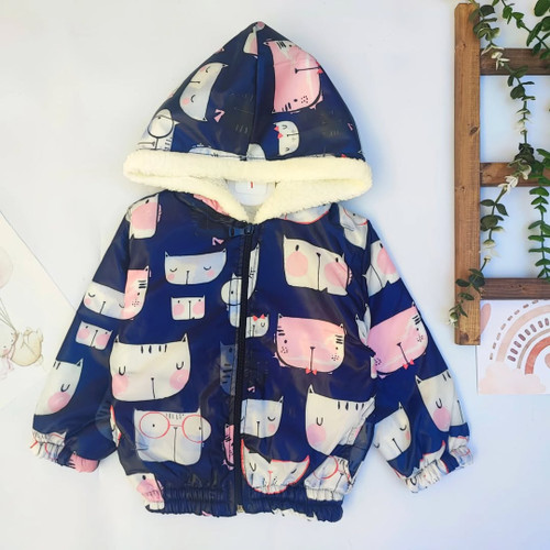 سویشرت دخترانه کلاهدار با طرح گربه، رنگ سرمهای و داخل خز نرم و گرم